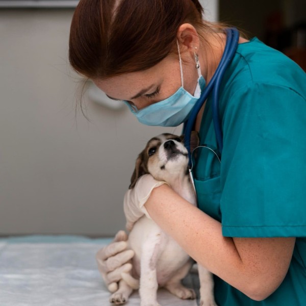 male veterinarian with a dog wearing stethoscope